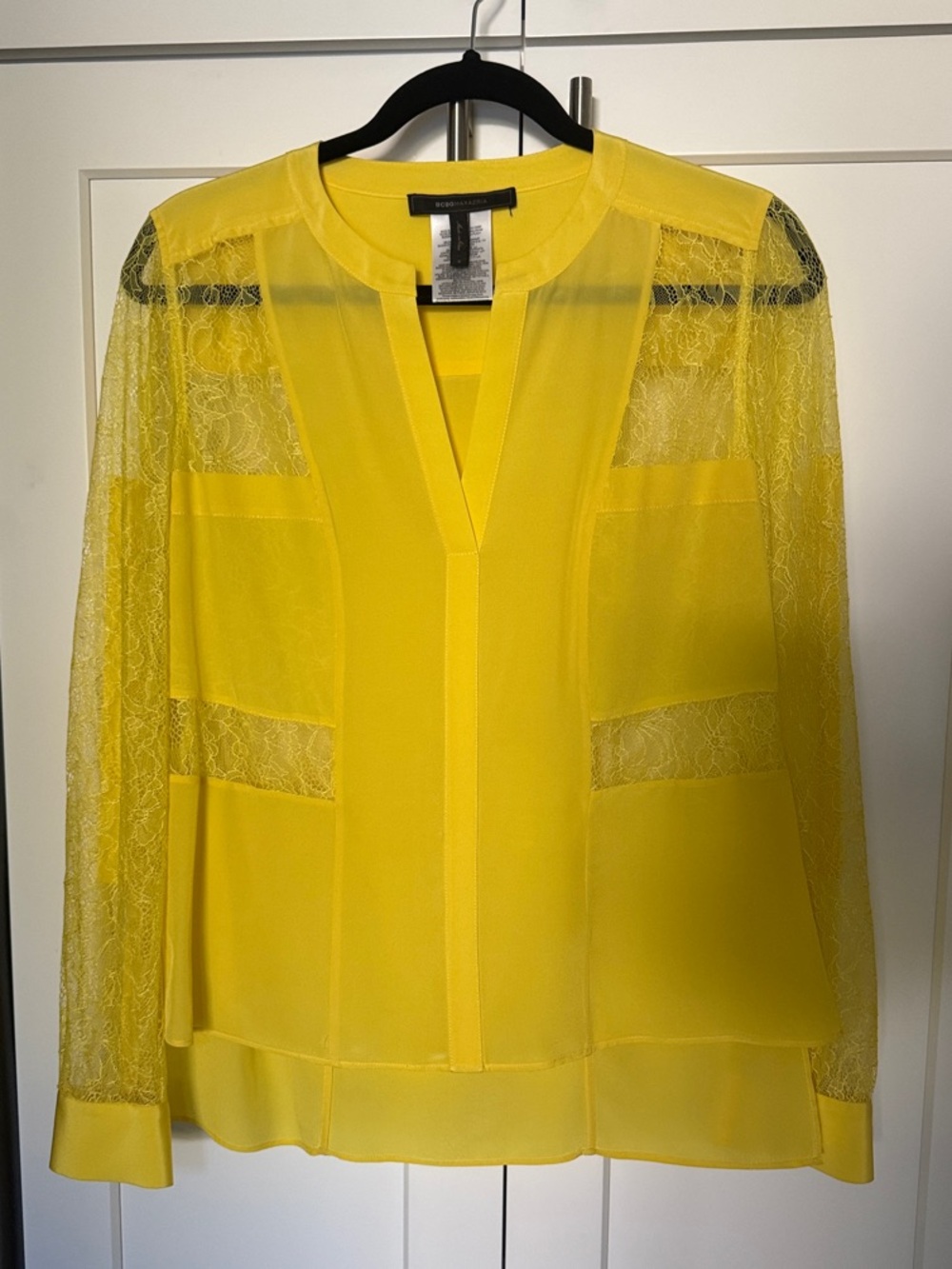 BCBGMaxAzria Yellow Lace-Panel V-Neck Blouse